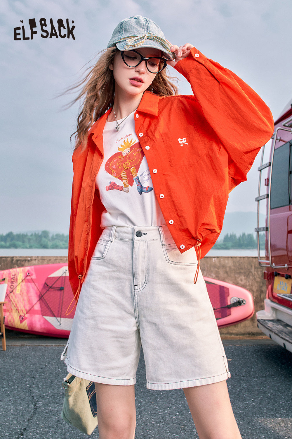ELFSACK Red bow embroidery fashion casual petite thin short jacket