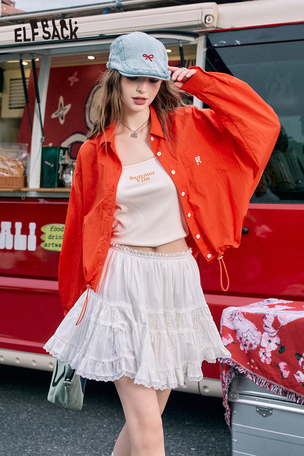 ELFSACK Red bow embroidery fashion casual petite thin short jacket
