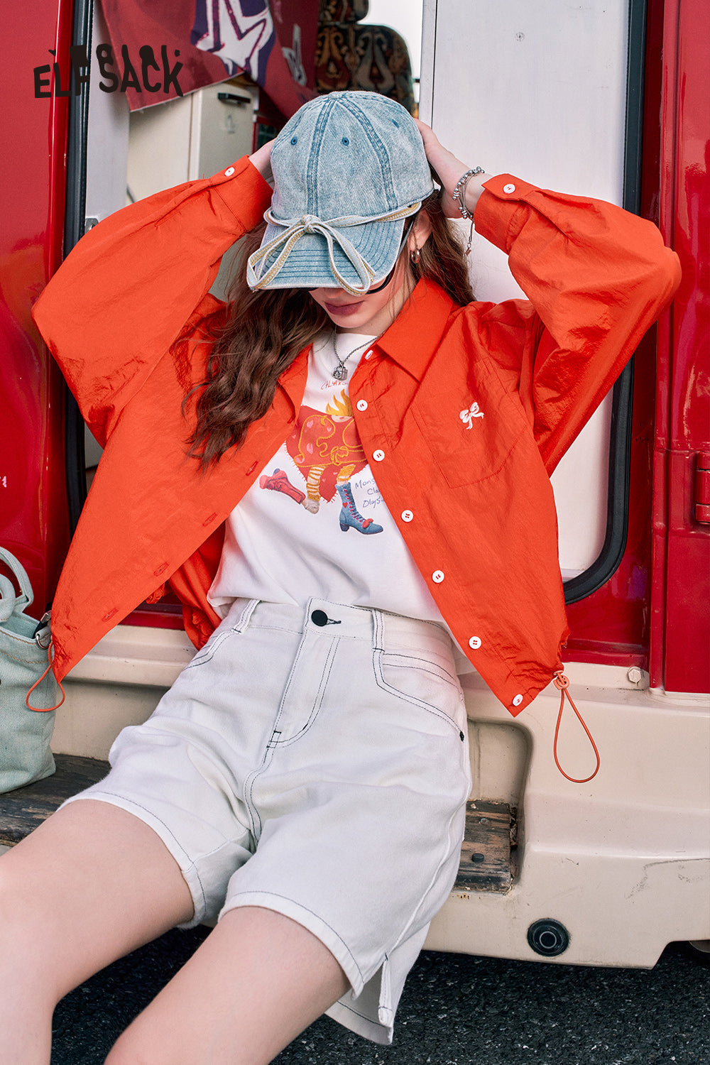 ELFSACK Red bow embroidery fashion casual petite thin short jacket
