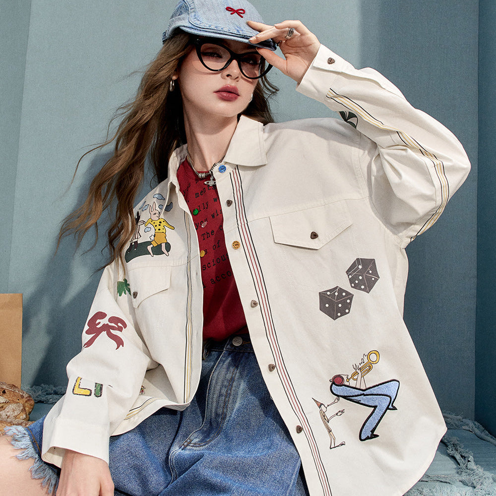 
                  
                    2024 Summer ELFSACK New Arrivals White cartoon print design small casual all-match denim jacket for women
                  
                