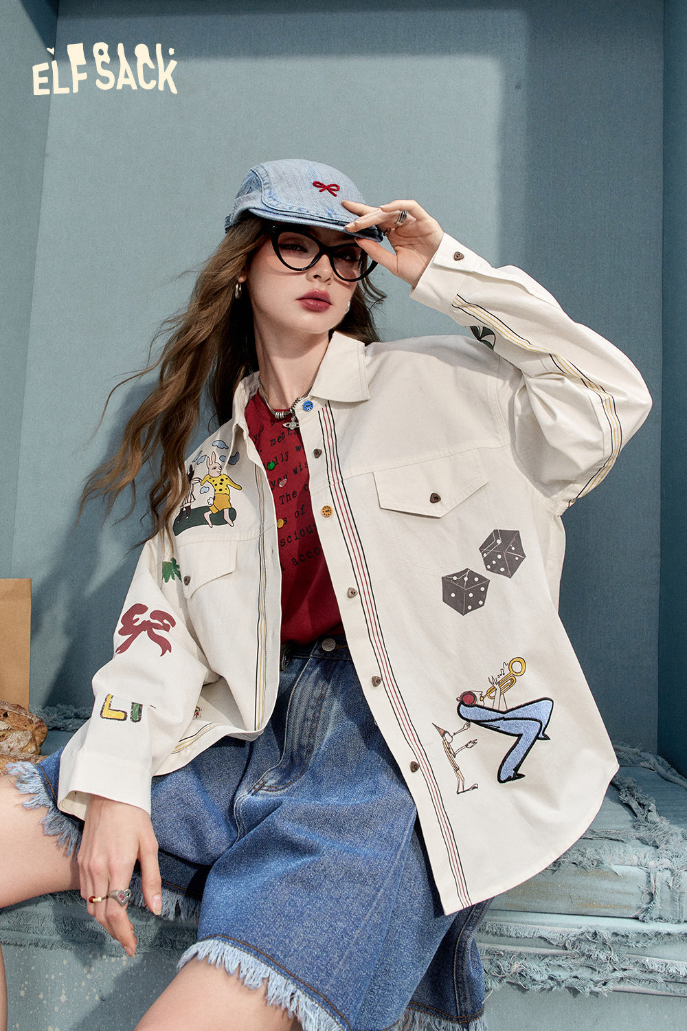 
                  
                    2024 Summer ELFSACK New Arrivals White cartoon print design small casual all-match denim jacket for women
                  
                