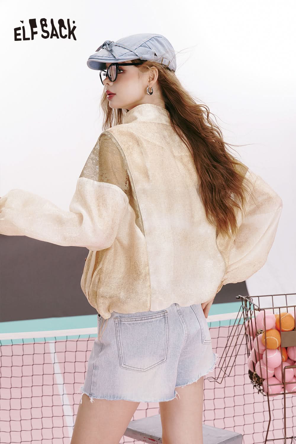 ELFSACK Sports style lace patchwork puppy print light breathable short jacket