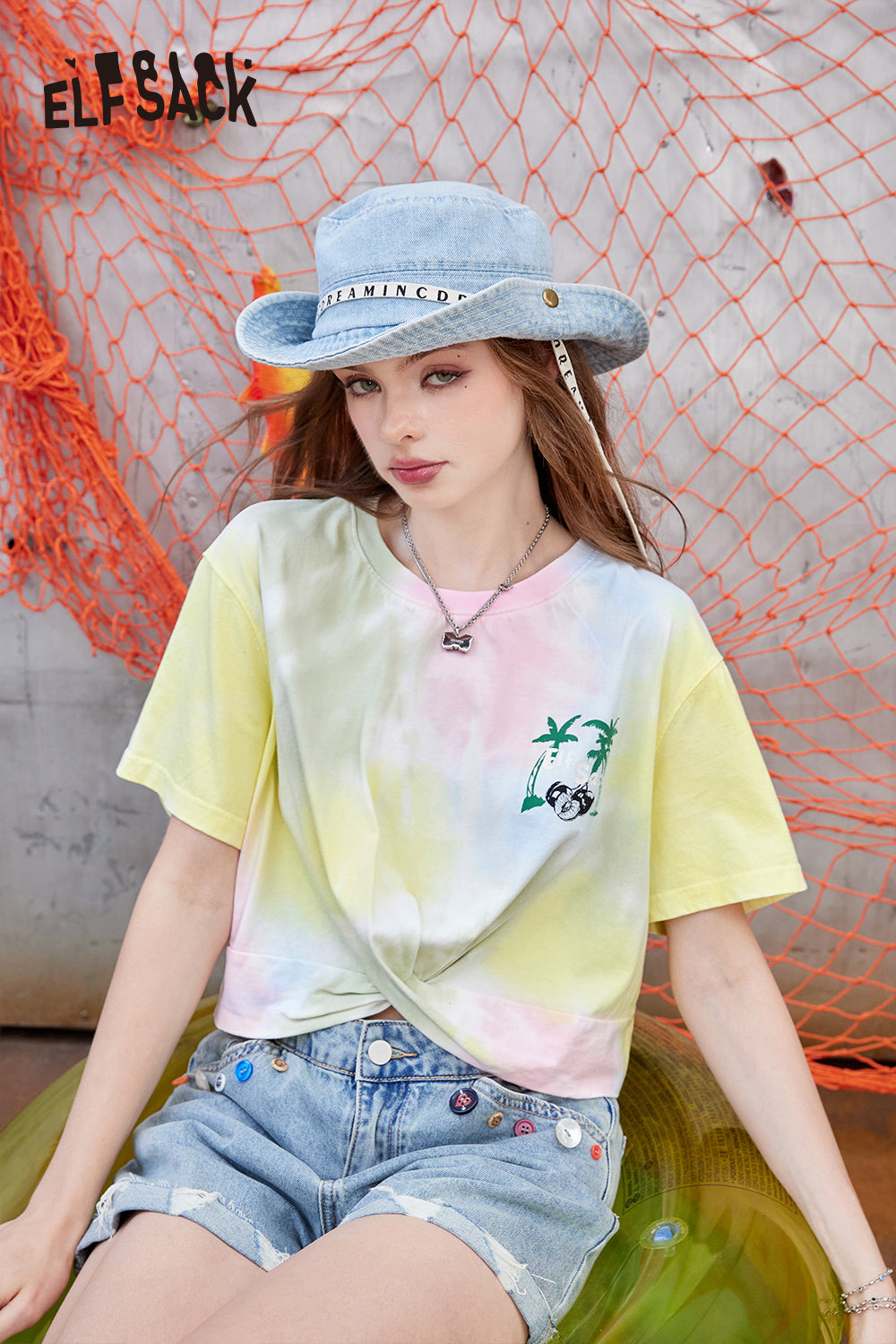 ELFSACK 2024 Summer New Arrivals Tie dye loose short sleeved T-shirt, women's design sense versatile top