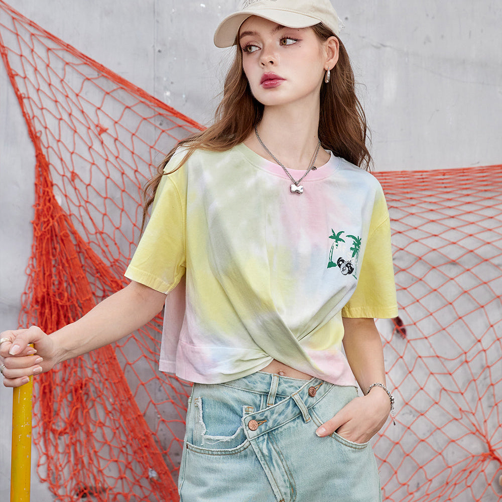 
                  
                    ELFSACK 2024 Summer New Arrivals Tie dye loose short sleeved T-shirt, women's design sense versatile top
                  
                