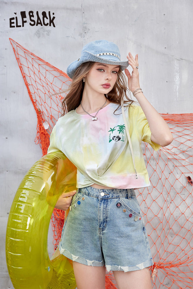 
                  
                    ELFSACK 2024 Summer New Arrivals Tie dye loose short sleeved T-shirt, women's design sense versatile top
                  
                