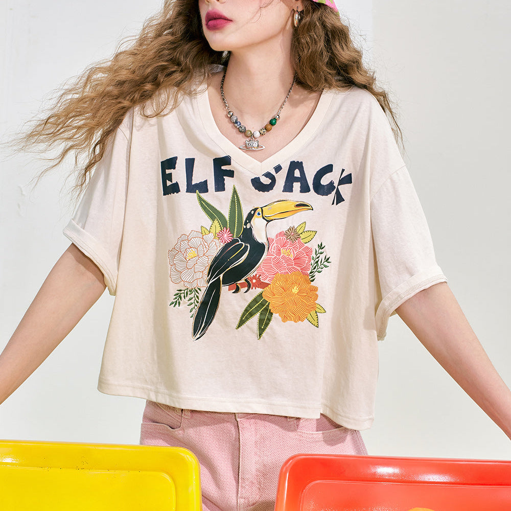 
                  
                    ELFSACK 2024 summer new arrival V-neck shiny letter print casual petite short-sleeved T-shirt for women
                  
                