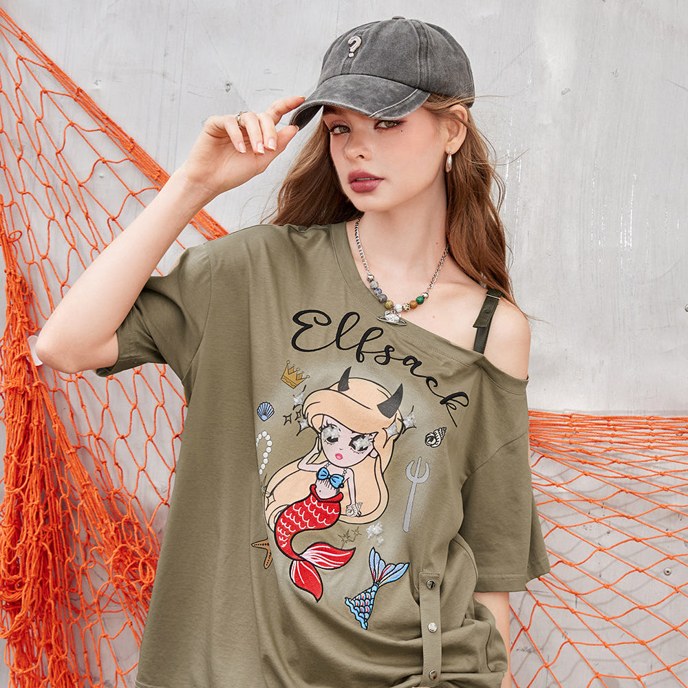 ELFSACK 2024 Summer New Arrivals Mermaid print short sleeved t-shirt with women's shoulder strap design and top