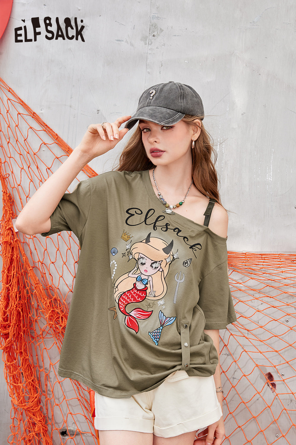 ELFSACK 2024 Summer New Arrivals Mermaid print short sleeved t-shirt with women's shoulder strap design and top