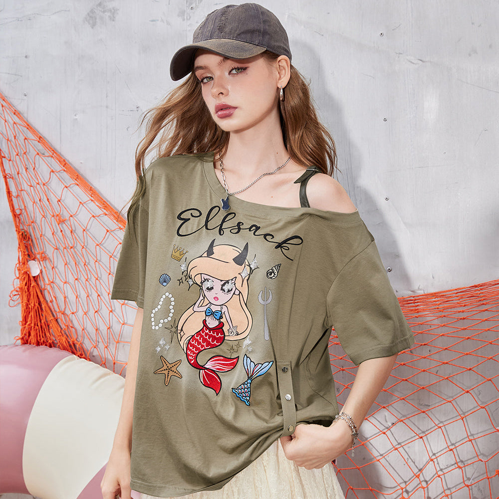 ELFSACK 2024 Summer New Arrivals Mermaid print short sleeved t-shirt with women's shoulder strap design and top