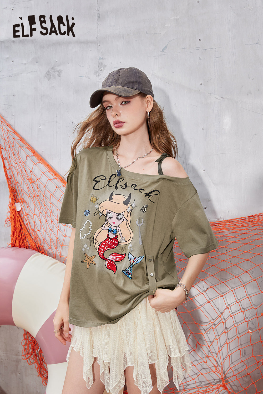 ELFSACK 2024 Summer New Arrivals Mermaid print short sleeved t-shirt with women's shoulder strap design and top