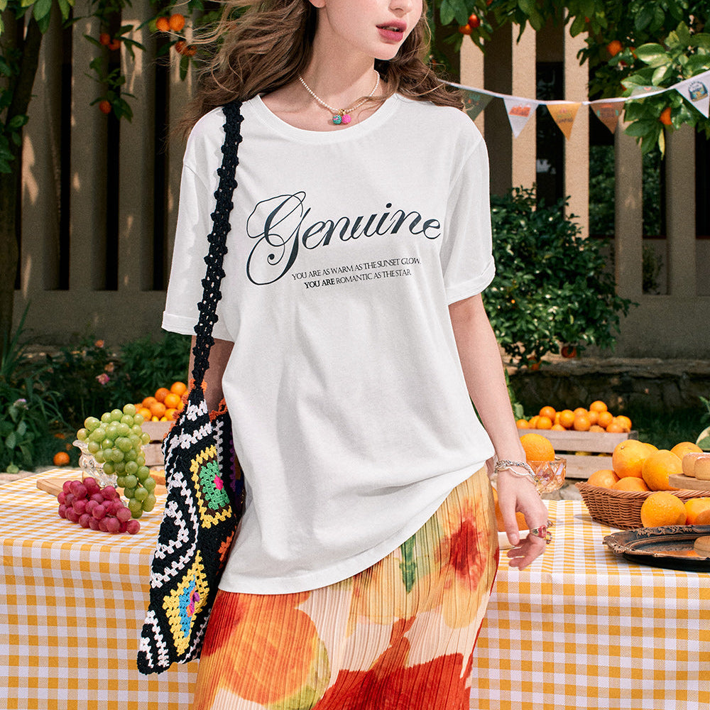 ELFSACK 2024 summer new arrival Letter print round neck casual style design loose white short-sleeved T-shirt for women