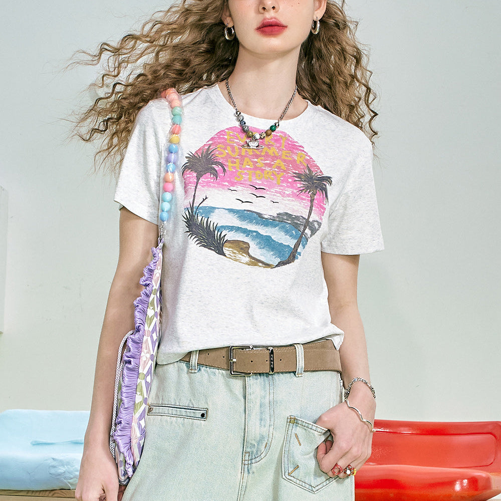 
                  
                    ELFSACK 2024 summer new arrival Gray BM small tropical print straight shoulder slim fit short sleeve T-shirt for women
                  
                