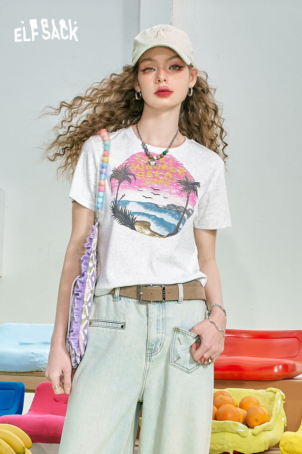 
                  
                    ELFSACK 2024 summer new arrival Gray BM small tropical print straight shoulder slim fit short sleeve T-shirt for women
                  
                