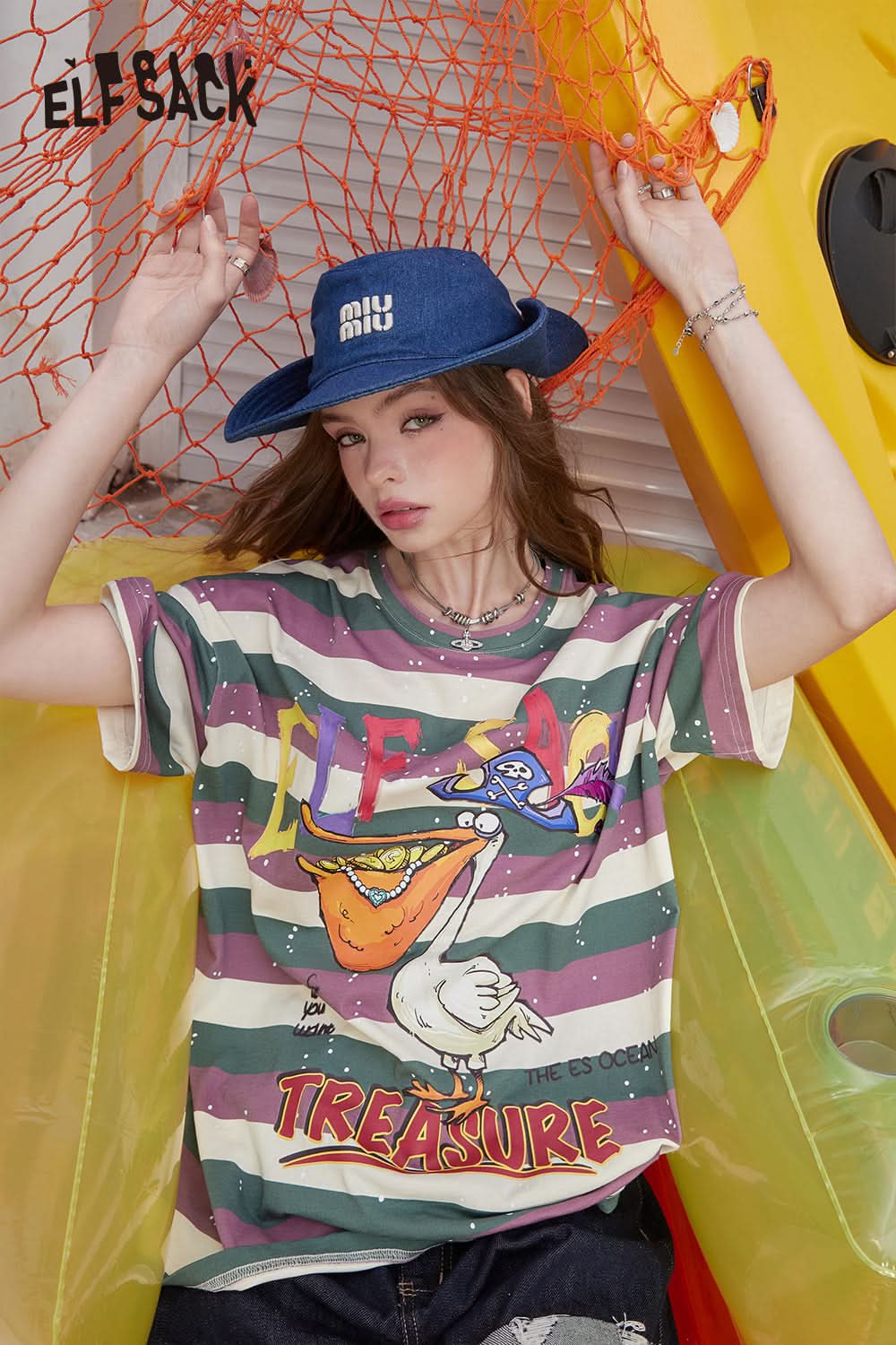 ELFSACK Retro striped loose printed short sleeved t-shirt, unique and chic top
