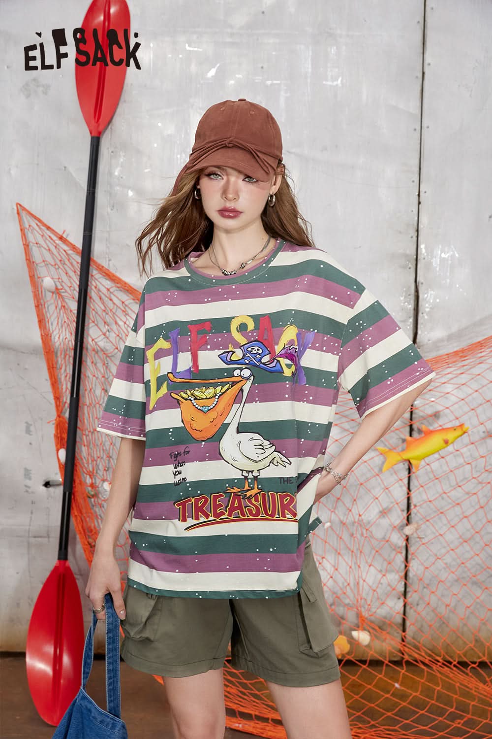 ELFSACK Retro striped loose printed short sleeved t-shirt, unique and chic top