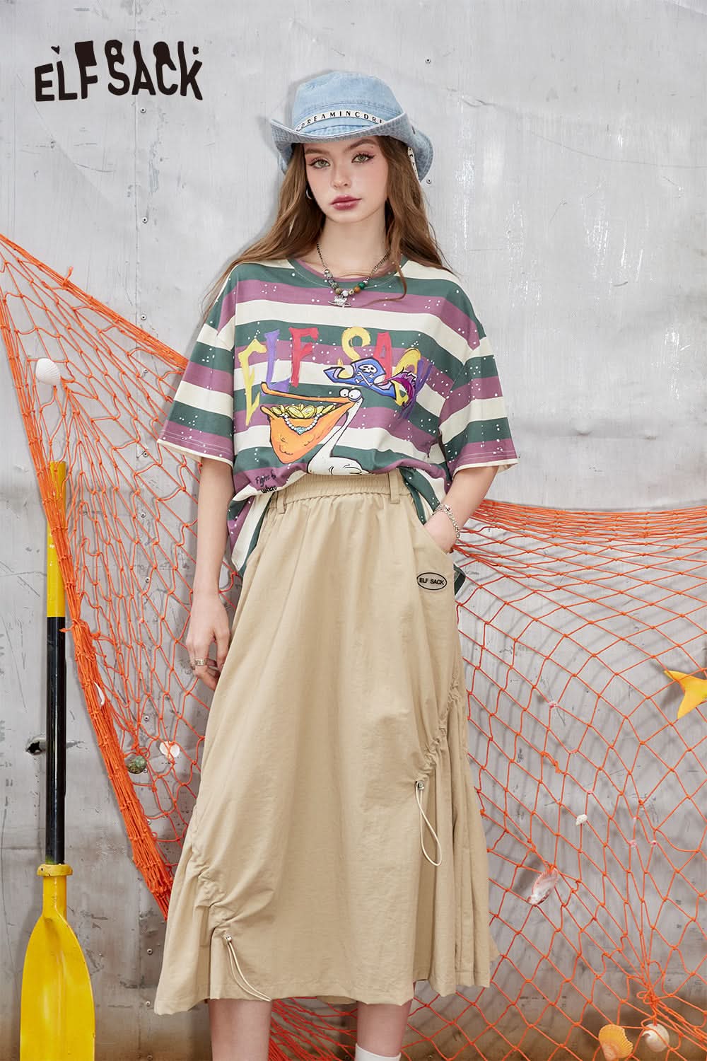 ELFSACK Retro striped loose printed short sleeved t-shirt, unique and chic top