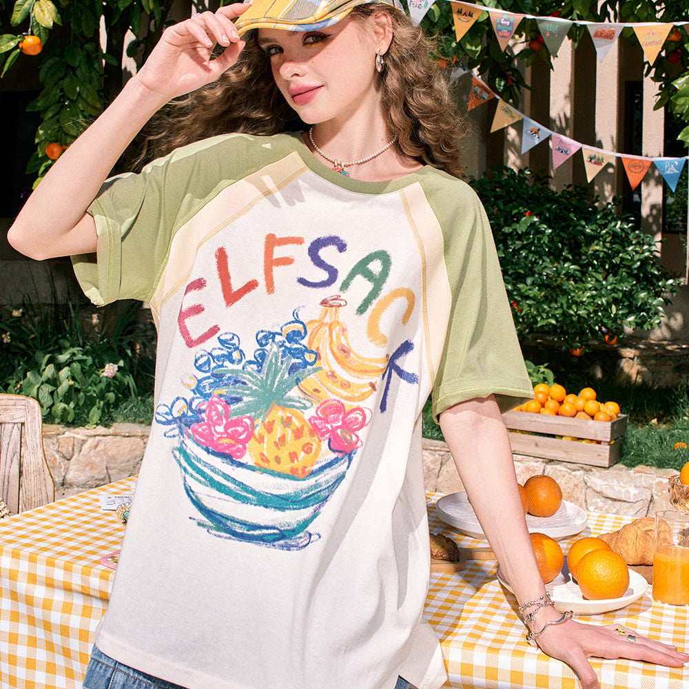 ELFSACK 2024 summer new arrival Fruit print raglan cute casual versatile slim contrast color loose short-sleeved T-shirt for women