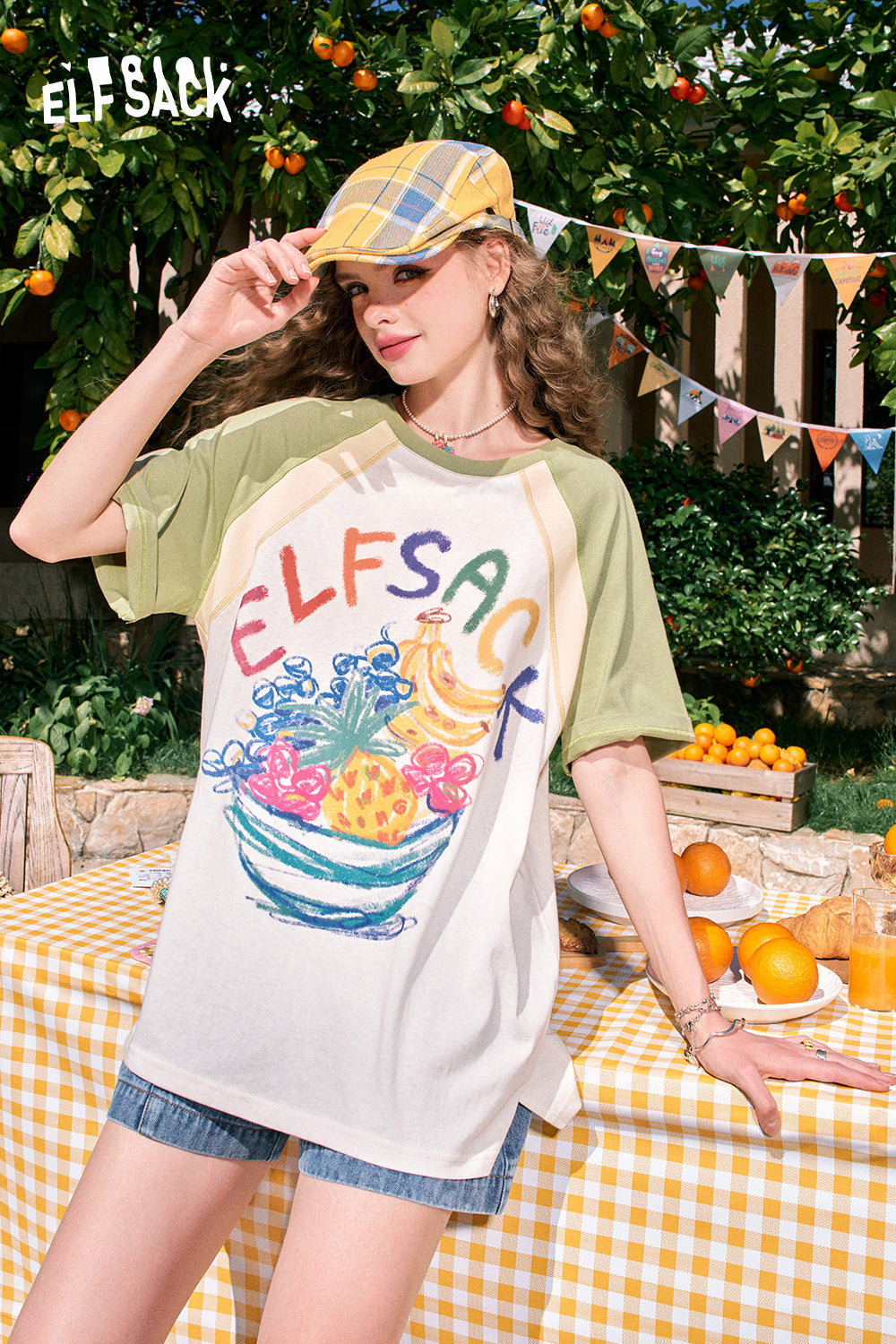 ELFSACK 2024 summer new arrival Fruit print raglan cute casual versatile slim contrast color loose short-sleeved T-shirt for women