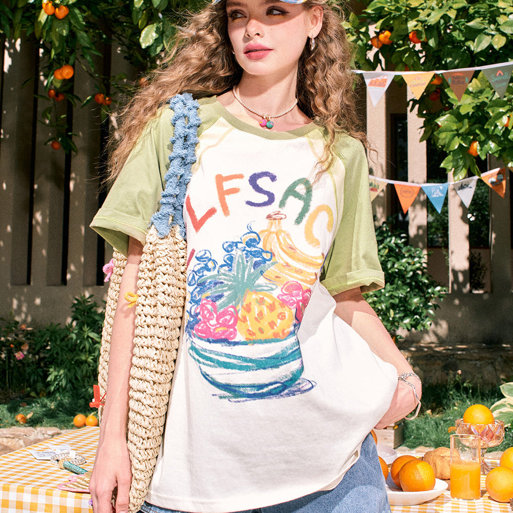 ELFSACK 2024 summer new arrival Fruit print raglan cute casual versatile slim contrast color loose short-sleeved T-shirt for women