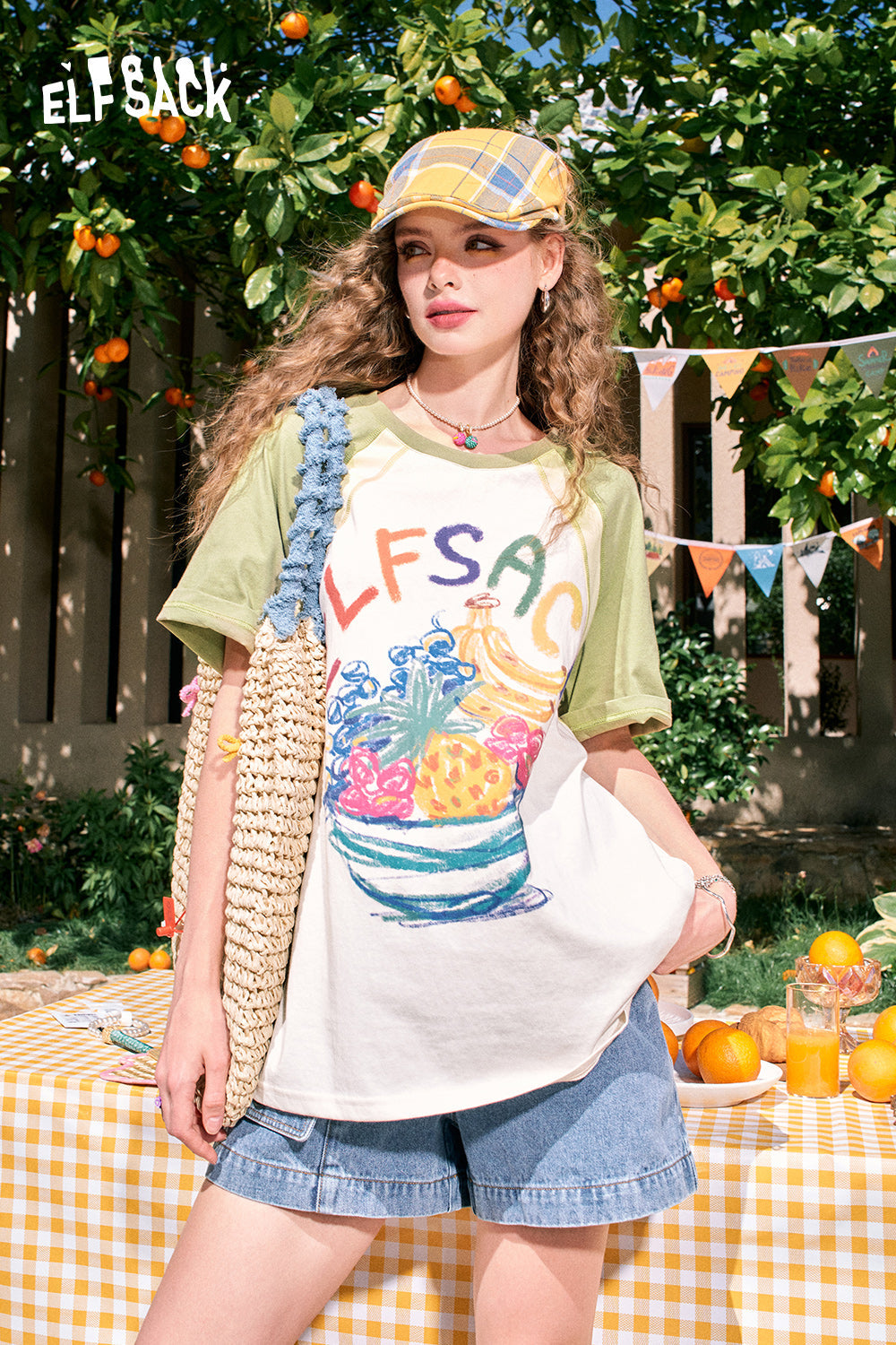 ELFSACK 2024 summer new arrival Fruit print raglan cute casual versatile slim contrast color loose short-sleeved T-shirt for women