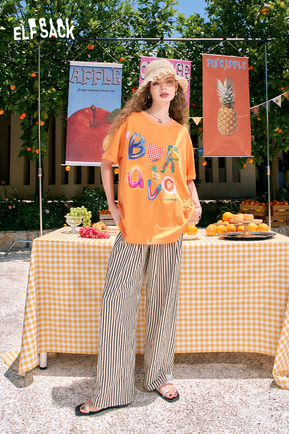 ELFSACK Loose cute letter print casual all-match slim white short-sleeved T-shirt