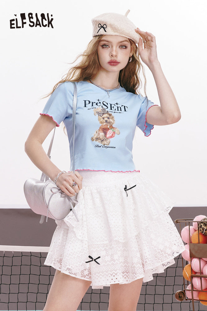 
                  
                    ELFSACK 2024 summer new arrival Contrast color slim fit bear print cute straight shoulder casual versatile slim short sleeve t-shirt for women
                  
                