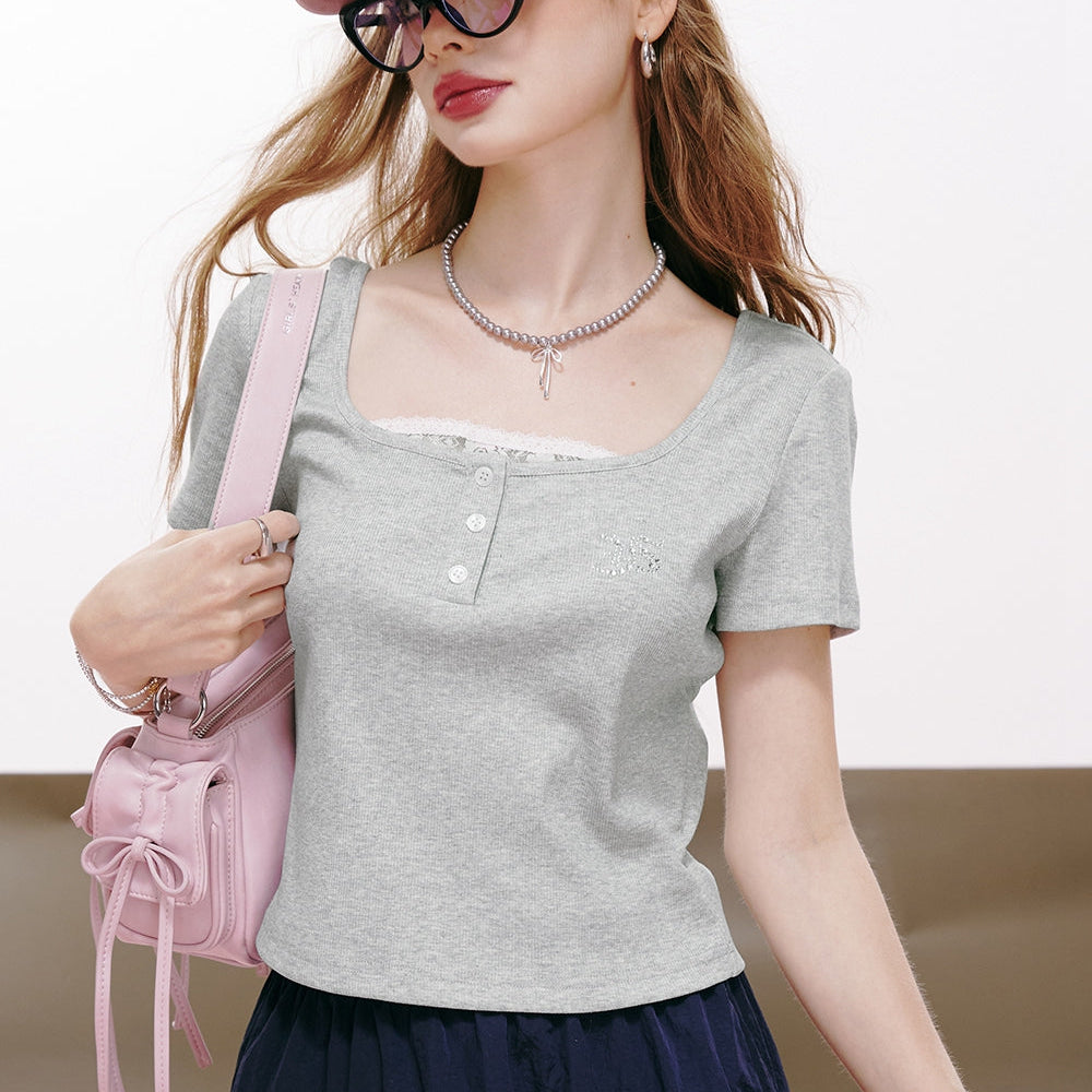 ELFSACK 2024 summer new arrival Threaded silver button lace stitching slim fit straight shoulder short sleeve T-shirt for women