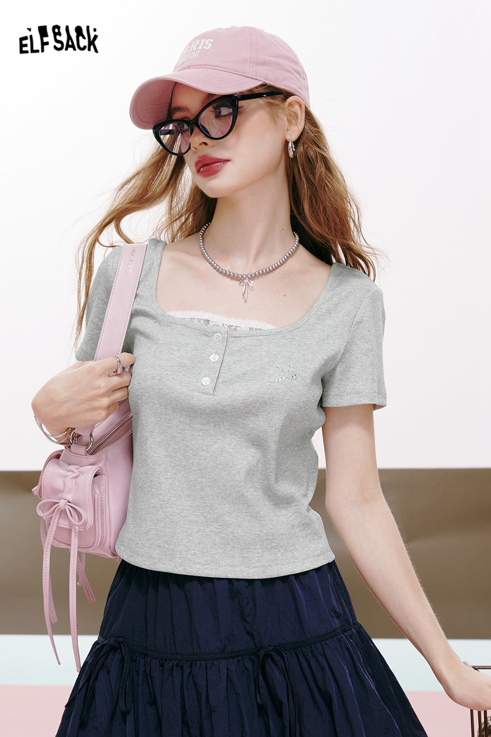 ELFSACK 2024 summer new arrival Threaded silver button lace stitching slim fit straight shoulder short sleeve T-shirt for women