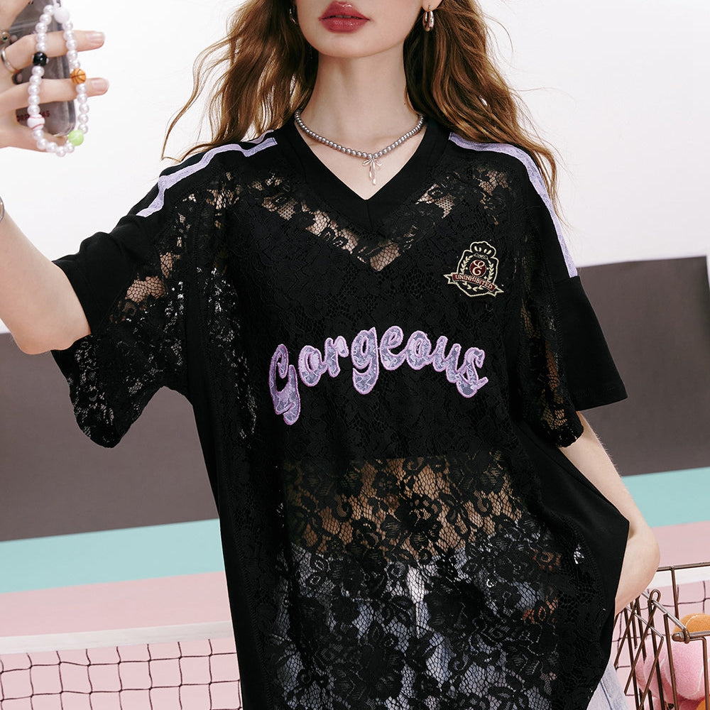 ELFSACK 2024 summer new arrival College style sweet cool lace hollow v-neck loose black short-sleeved T-shirt for women