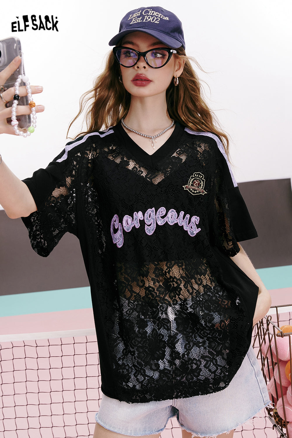 ELFSACK 2024 summer new arrival College style sweet cool lace hollow v-neck loose black short-sleeved T-shirt for women