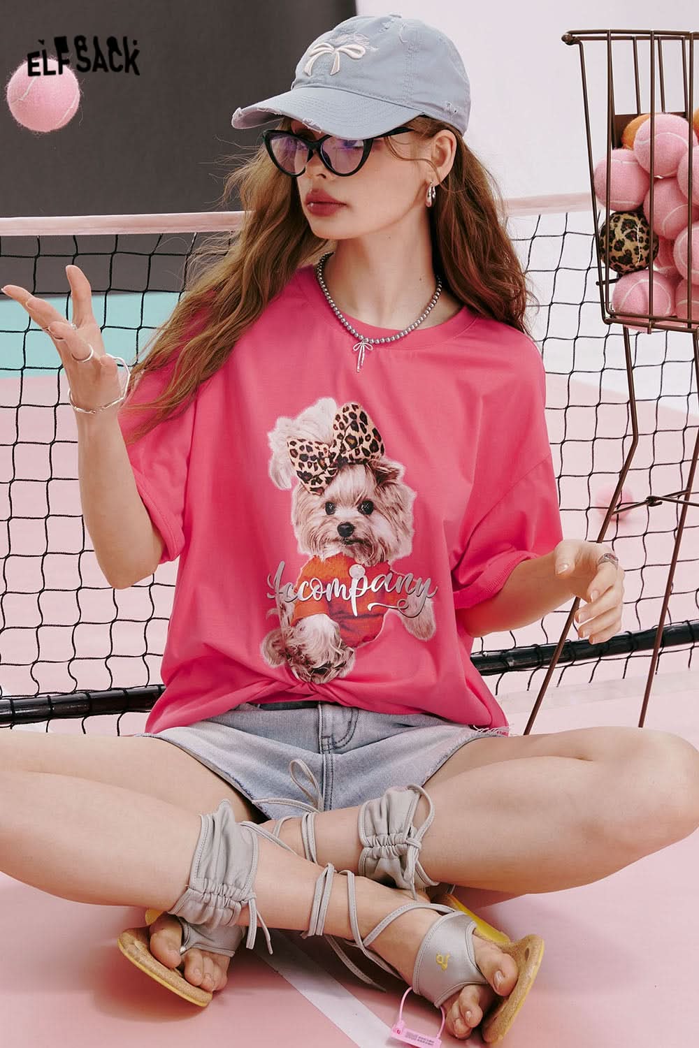 ELFSACK Bear print gentle style back hollow three-dimensional bow design loose short-sleeved T-shirt