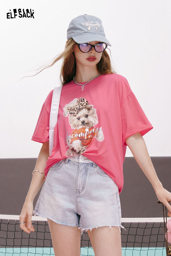 
                  
                    ELFSACK 2024 summer new arrival Bear print gentle style back hollow three-dimensional bow design loose short-sleeved T-shirt for women
                  
                