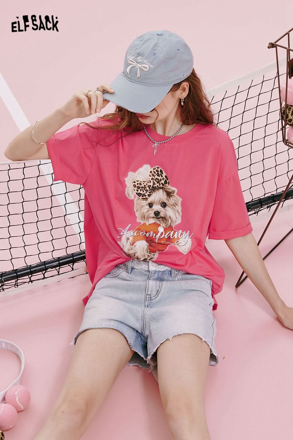 ELFSACK Bear print gentle style back hollow three-dimensional bow design loose short-sleeved T-shirt