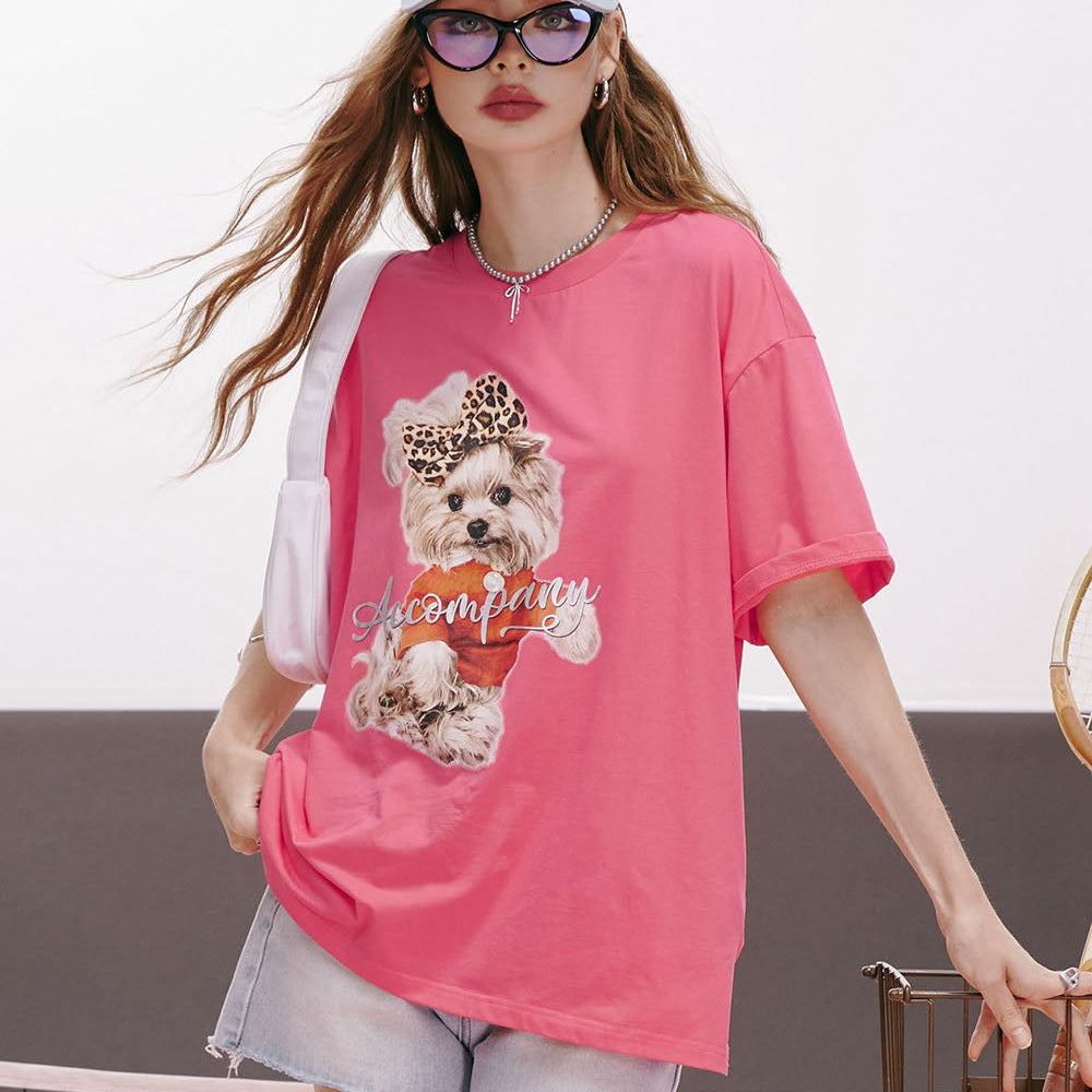 
                  
                    ELFSACK 2024 summer new arrival Bear print gentle style back hollow three-dimensional bow design loose short-sleeved T-shirt for women
                  
                