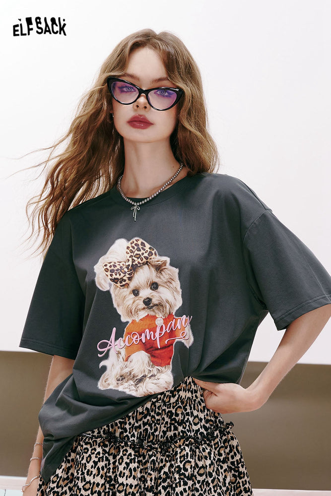 
                  
                    ELFSACK 2024 summer new arrival Bear print gentle style back hollow three-dimensional bow design loose short-sleeved T-shirt for women
                  
                