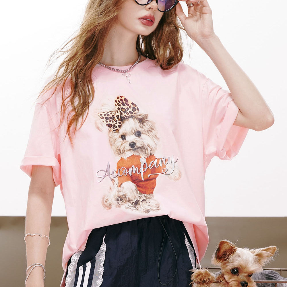 ELFSACK 2024 summer new arrival Bear print gentle style back hollow three-dimensional bow design loose short-sleeved T-shirt for women