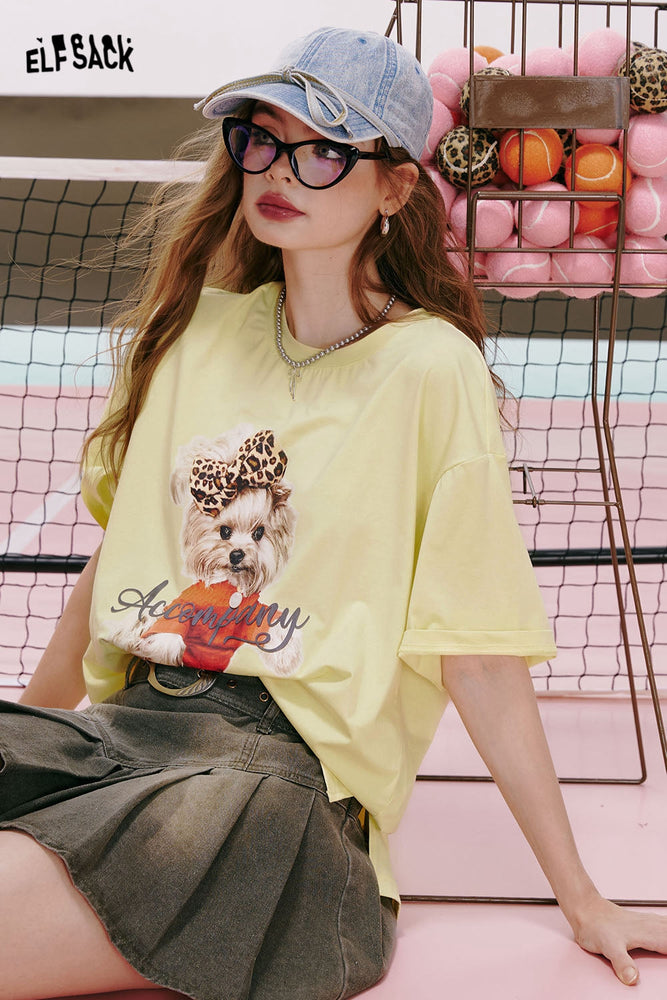 
                  
                    ELFSACK 2024 summer new arrival Bear print gentle style back hollow three-dimensional bow design loose short-sleeved T-shirt for women
                  
                