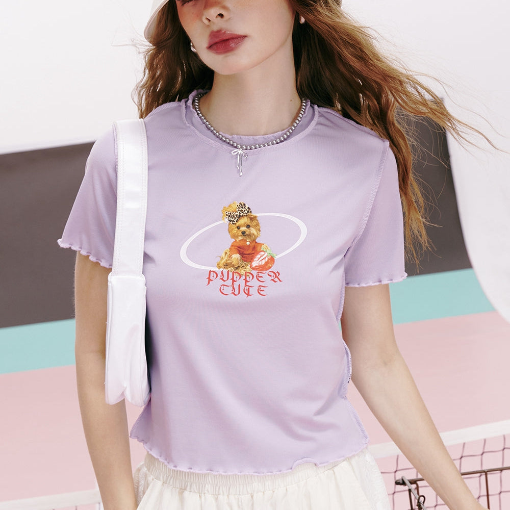 
                  
                    ELFSACK 2024 summer new arrival Imitation Tencel Letters Puppy Printed Ruffled Slim Fit Short Sleeve T-shirt for Women
                  
                