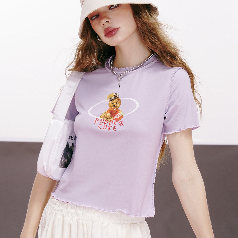 
                  
                    ELFSACK 2024 summer new arrival Imitation Tencel Letters Puppy Printed Ruffled Slim Fit Short Sleeve T-shirt for Women
                  
                