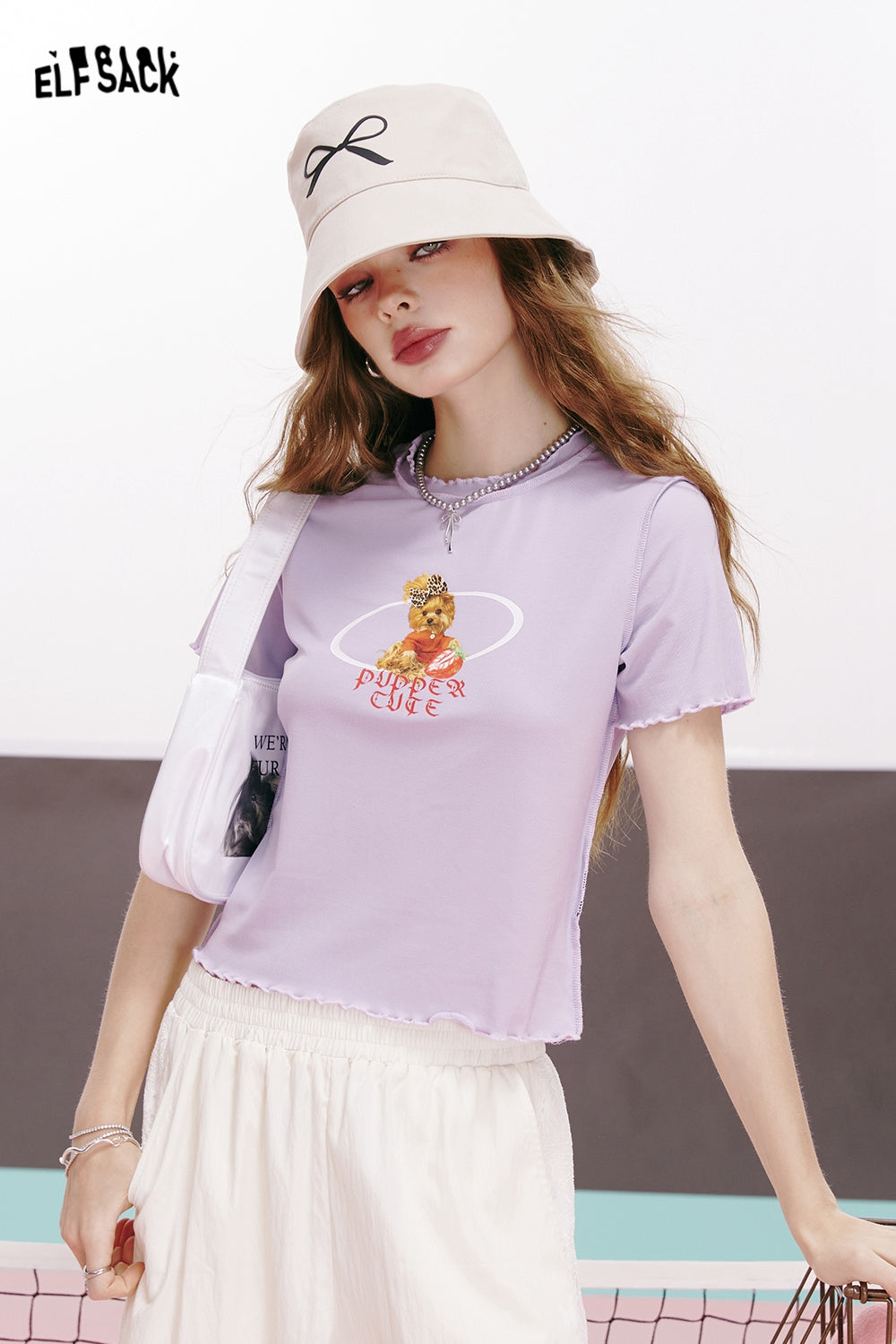 ELFSACK Imitation Tencel Letters Puppy Printed Ruffled Slim Fit Short Sleeve T-shirt