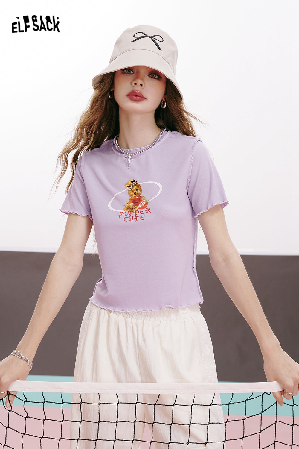 ELFSACK Imitation Tencel Letters Puppy Printed Ruffled Slim Fit Short Sleeve T-shirt
