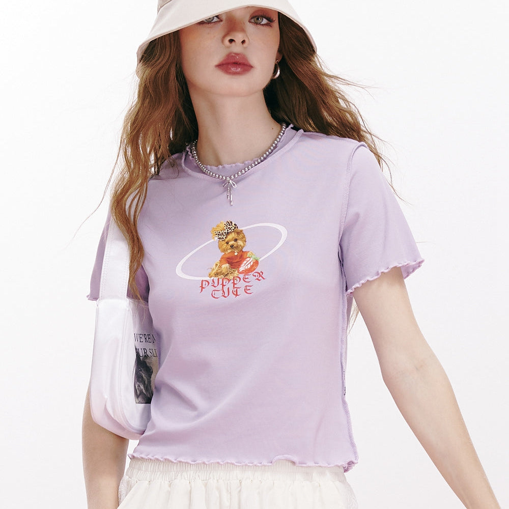 
                  
                    ELFSACK 2024 summer new arrival Imitation Tencel Letters Puppy Printed Ruffled Slim Fit Short Sleeve T-shirt for Women
                  
                