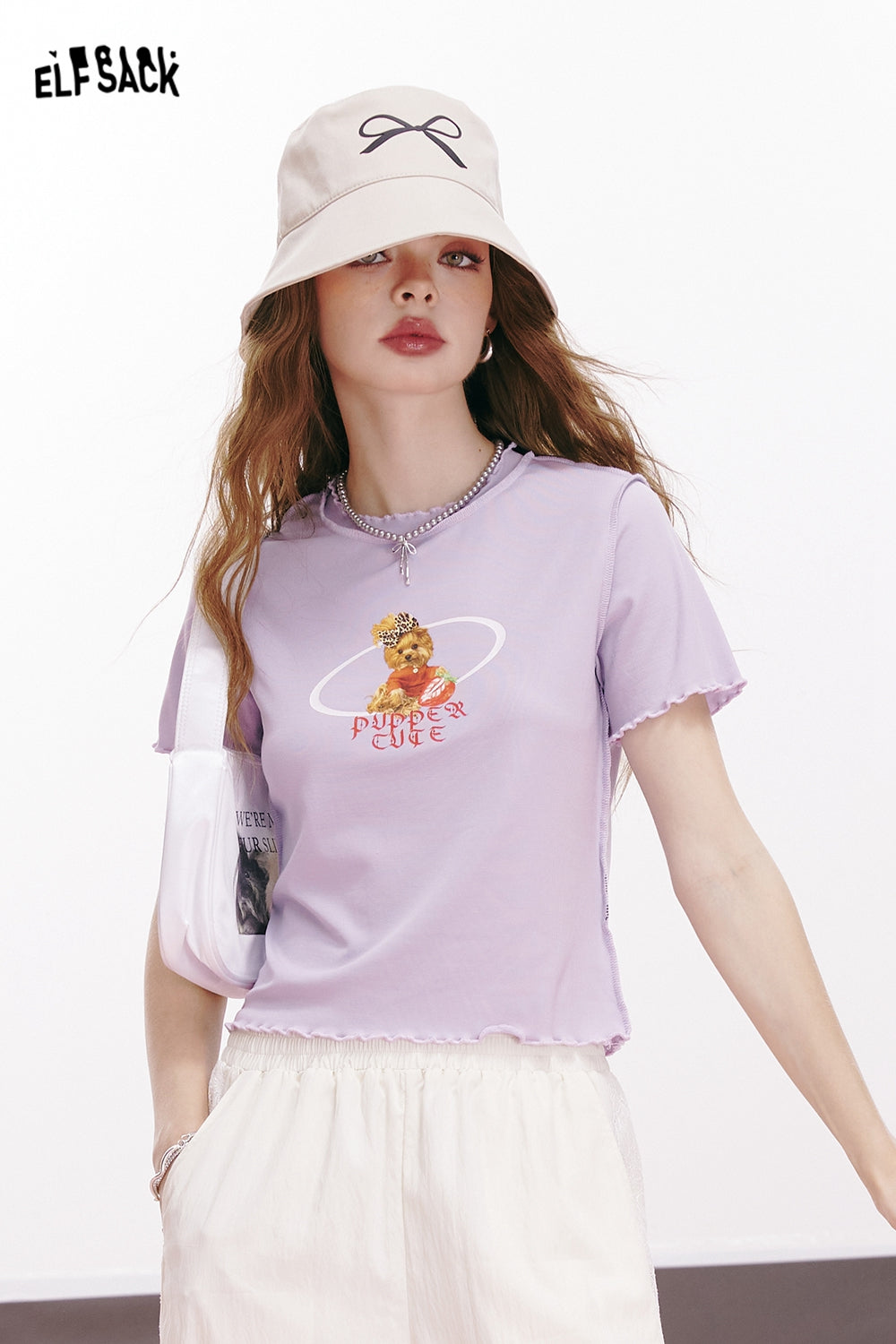 ELFSACK Imitation Tencel Letters Puppy Printed Ruffled Slim Fit Short Sleeve T-shirt