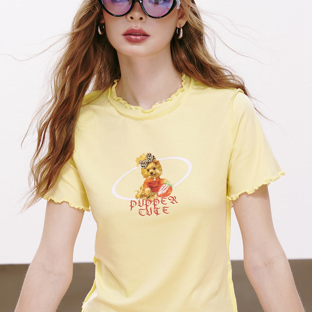 
                  
                    ELFSACK 2024 summer new arrival Imitation Tencel Letters Puppy Printed Ruffled Slim Fit Short Sleeve T-shirt for Women
                  
                