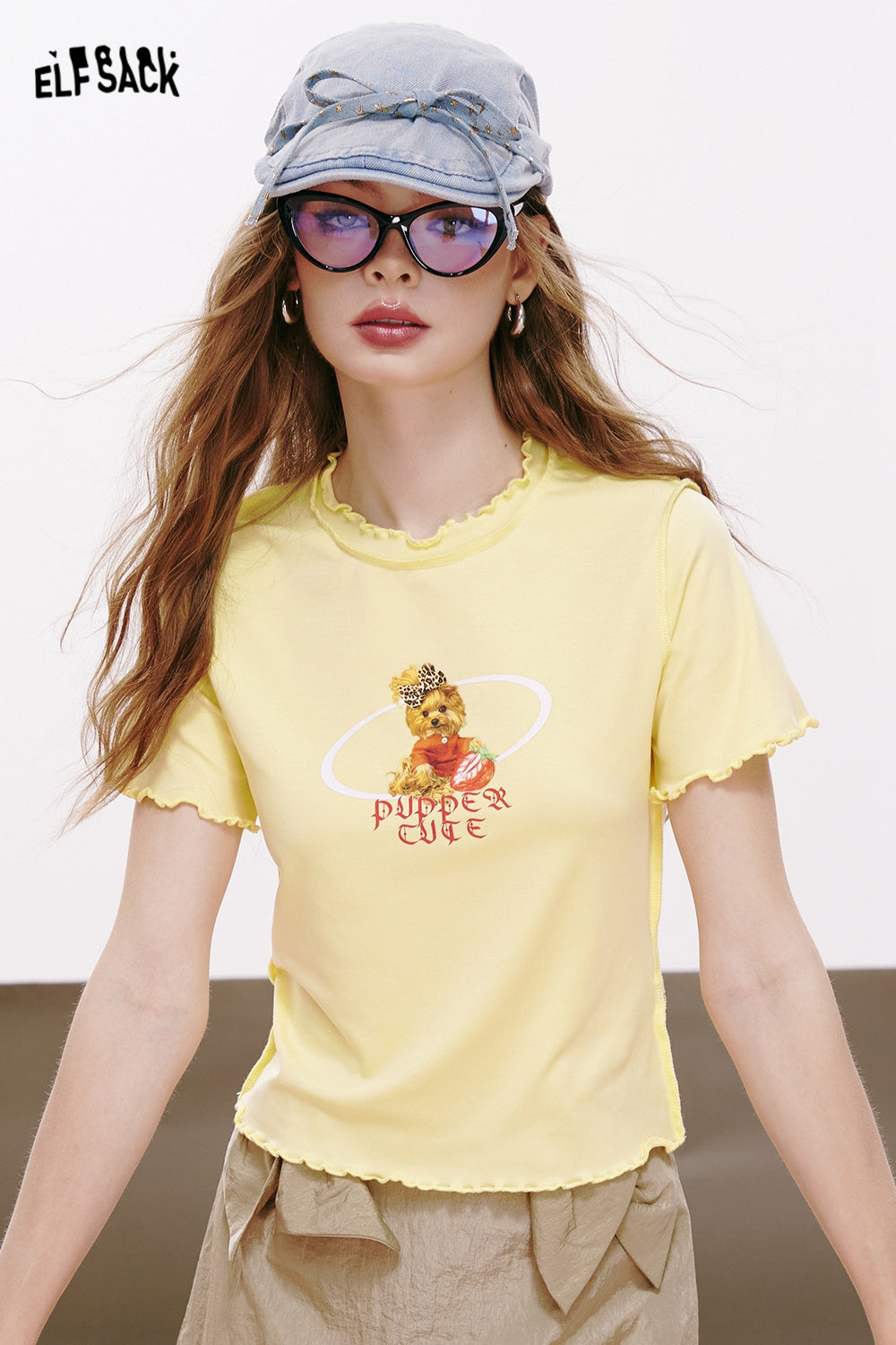 ELFSACK Imitation Tencel Letters Puppy Printed Ruffled Slim Fit Short Sleeve T-shirt