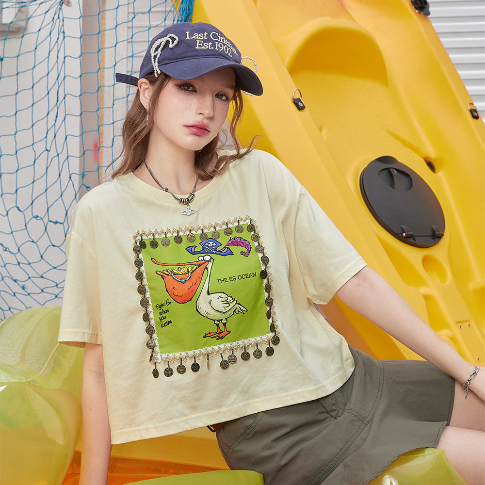 
                  
                    ELFSACK 2024 Summer New Arrivals Cotton printed short sleeved T-shirt with a casual design for women, short top
                  
                