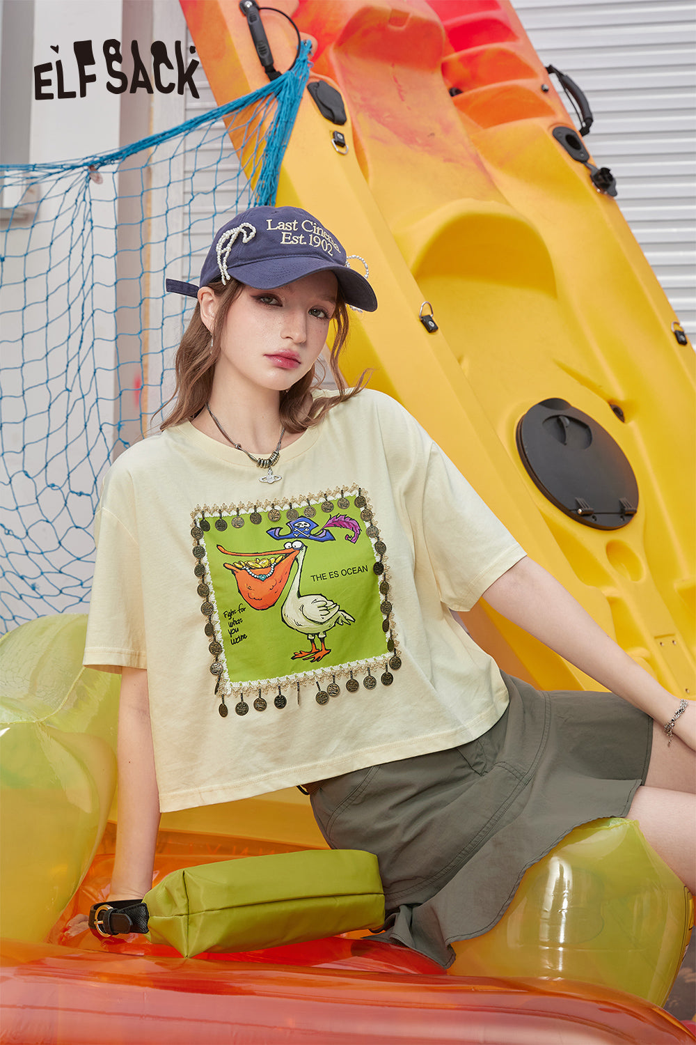 
                  
                    ELFSACK 2024 Summer New Arrivals Cotton printed short sleeved T-shirt with a casual design for women, short top
                  
                