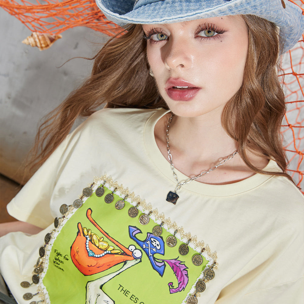 
                  
                    ELFSACK 2024 Summer New Arrivals Cotton printed short sleeved T-shirt with a casual design for women, short top
                  
                