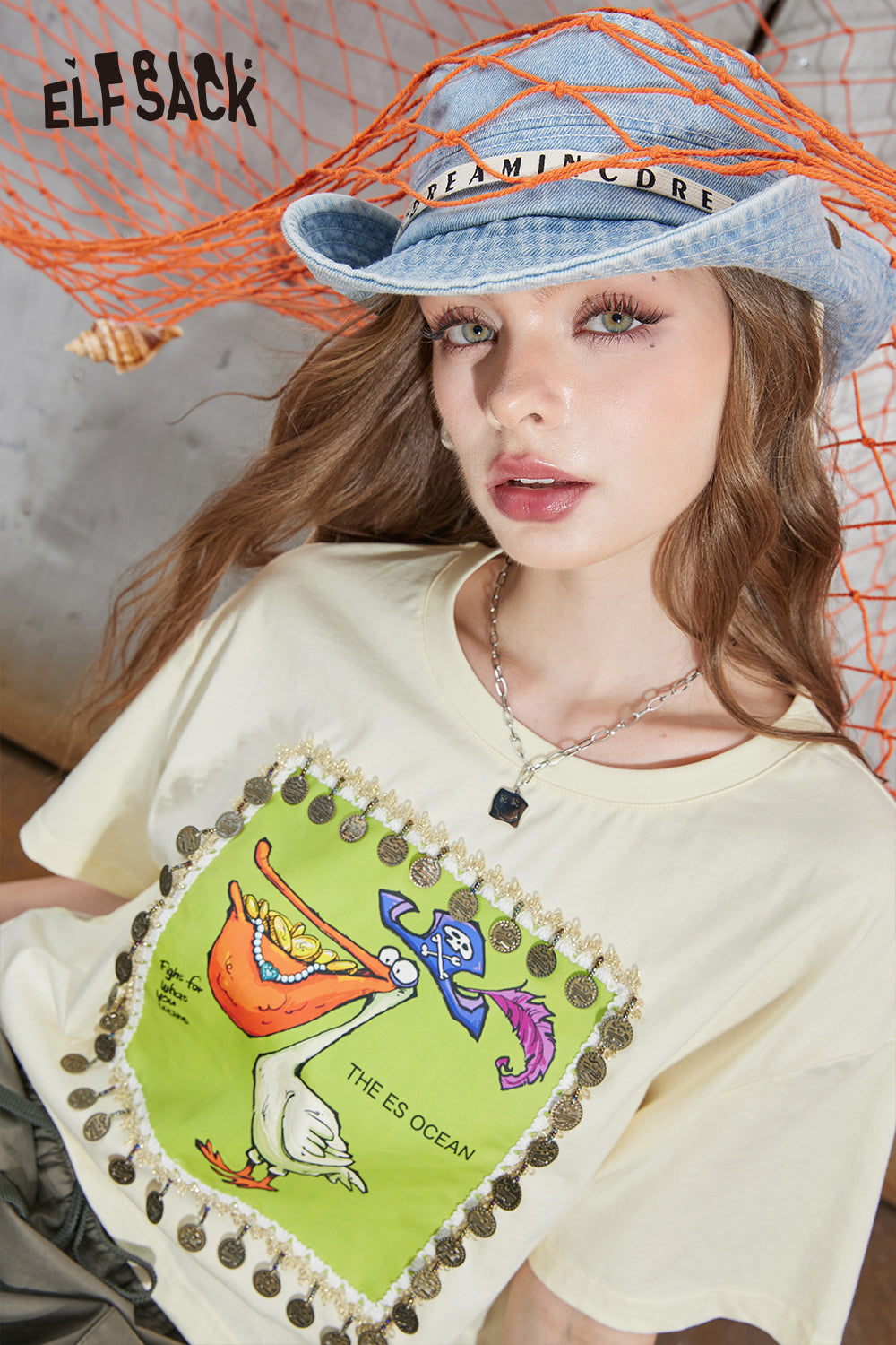 
                  
                    ELFSACK 2024 Summer New Arrivals Cotton printed short sleeved T-shirt with a casual design for women, short top
                  
                