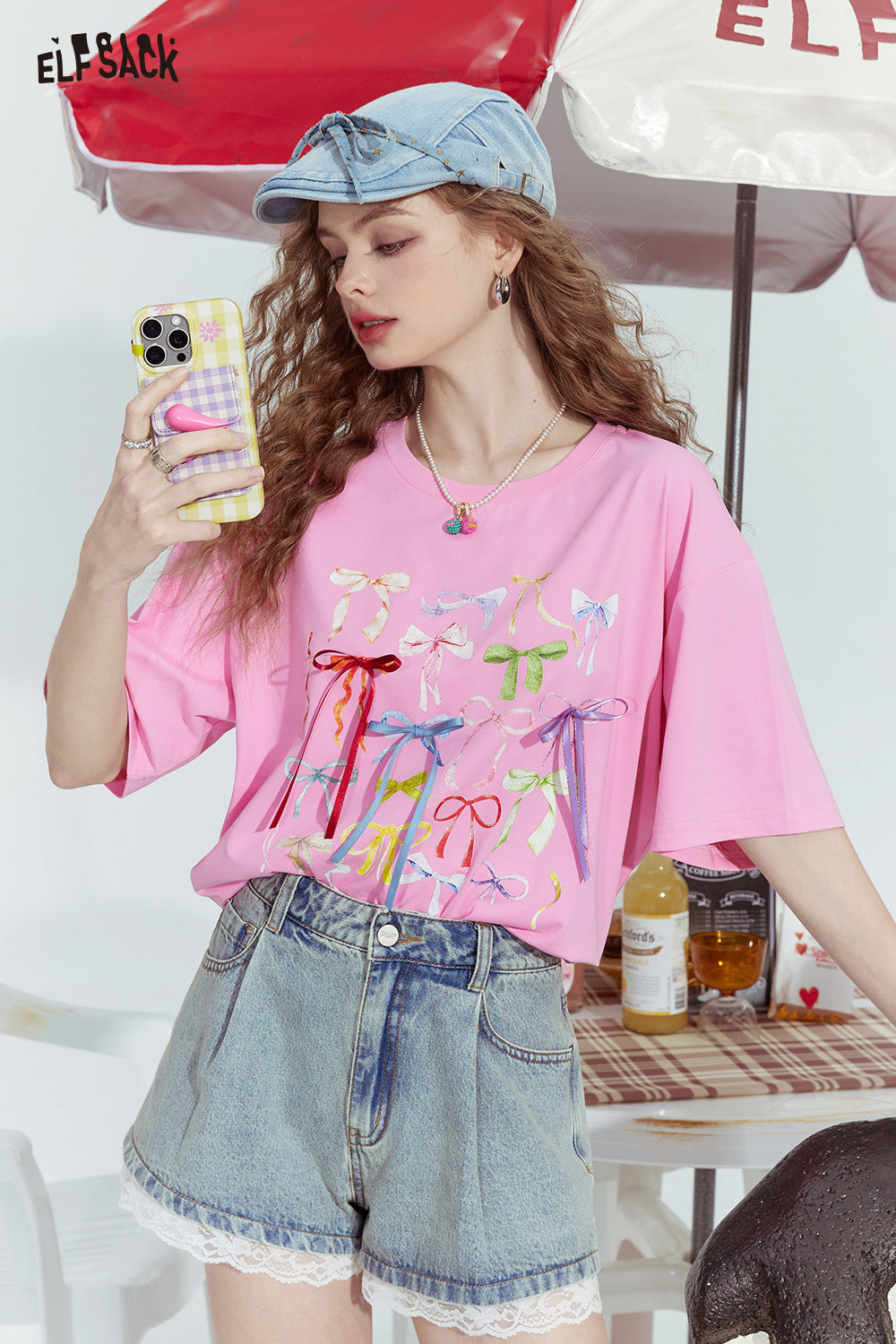 ELFSACK Bowknot ribbon print niche slim all-match short-sleeved T-shirt